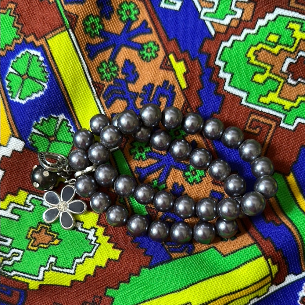 Elegant Black Faux Pearl Bracelet Floral Charm Costume Jewelry